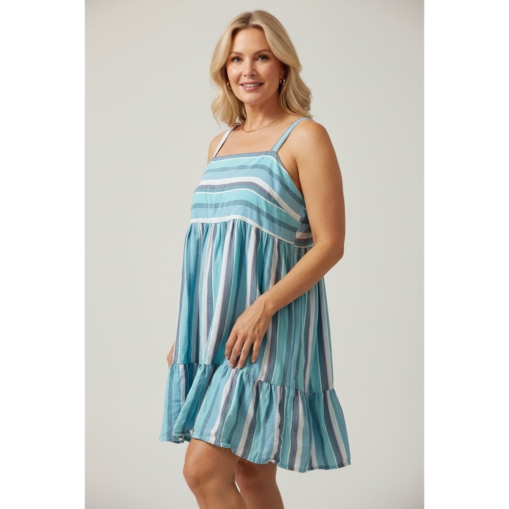 FarWest Striped Linen Blend Plus Size‎ XXL Babydoll Mini Sun Dress Turquoise